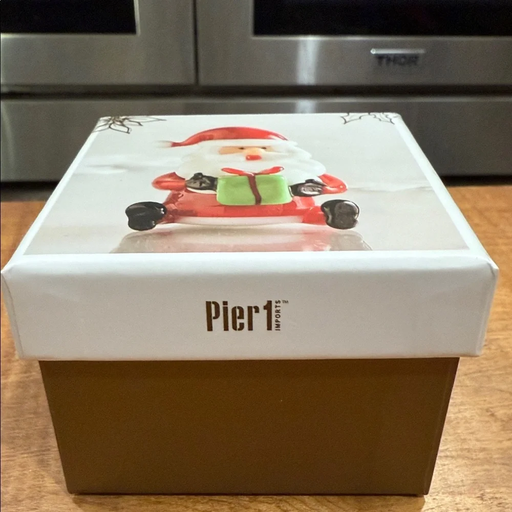 Pier 1 Glass Santa with Gift Box with Red and Green Details